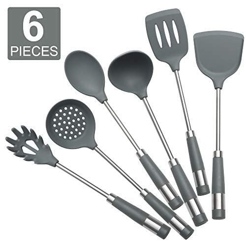 Kitchen Utensil Set - 6 Silicone Cooking Utensils - Stainless Steel Silicone Kitchen Utensils SetBPA-Free Silicone Stainless Steel Handle Cooking Tools Whisk Kitchen Tools Set -Grey