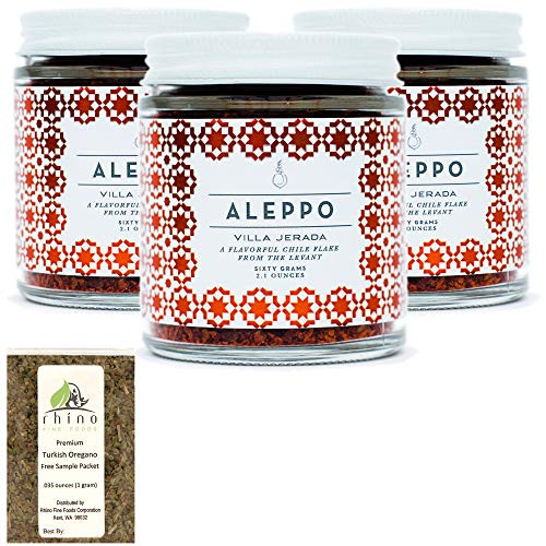 Villa Jerada Aleppo Pepper Red Chile Flakes  Bright Savory and Fruity from The Mediterraneans Levant Region 2_1 oz Pack of 3  FREE Premium Turkish Oregano from Rhino Fine Foods _035 oz