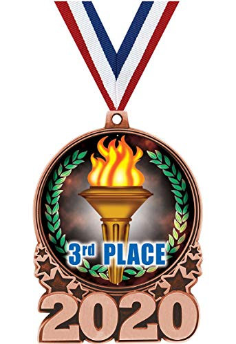 Crown Awards 3RD Place Medals - 3 Bronze Double Action 2020 3Rd Place Medal Award Includes Red White and Blue Neck Ribbon 1 Pack Prime
