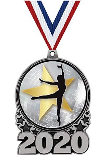 Crown Awards Dance Ballet Female Medals - 3 Silver Double Action 2020 Dance Ballet Female Medal Award Includes Red White and Blue Neck Ribbon 1 Pack Prime