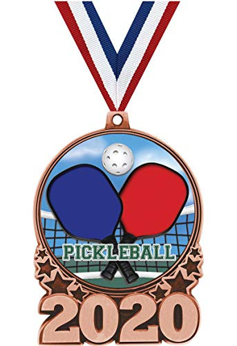 Crown Awards Pickleball Medals - 3 Bronze Double Action 2020 Pickleball Medal Award Includes Red White and Blue Neck Ribbon 1 Pack Prime
