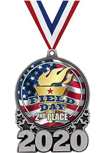 Crown Awards Field Day - 2ND Place Medals - 3 Silver Double Action 2020 Field Day - 2Nd Place Medal Award Includes Red White and Blue Neck Ribbon 1 Pack Prime