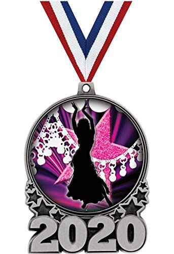 Crown Awards Dance Belly Dancing Medals - 3 Silver Double Action 2020 Dance Belly Dancing Medal Award Includes Red White and Blue Neck Ribbon 1 Pack Prime