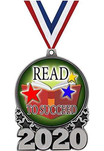 Crown Awards Read to Succeed Medals - 3 Silver Double Action 2020 Read to Succeed Medal Award Includes Red White and Blue Neck Ribbon 1 Pack Prime