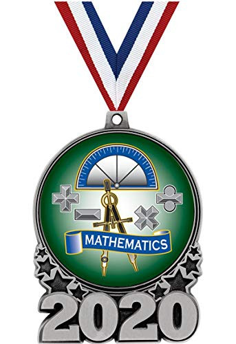Crown Awards Mathematics Medals - 3 Silver Double Action 2020 Mathematics Medal Award Includes Red White and Blue Neck Ribbon 1 Pack Prime