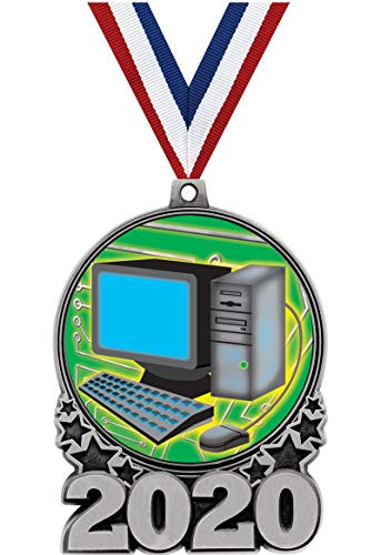 Crown Awards Computer Medals - 3 Silver Double Action 2020 Computer Medal Award Includes Red White and Blue Neck Ribbon 1 Pack Prime