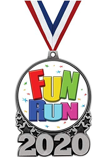 Crown Awards Fun Run Medals - 3 Silver Double Action 2020 Fun Run Medal Award Includes Red White and Blue Neck Ribbon 1 Pack Prime