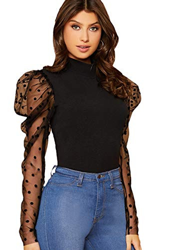 Floerns Womens Mock Neck Polka Dots Mesh Puff Sleeve Blouse Tops Black L