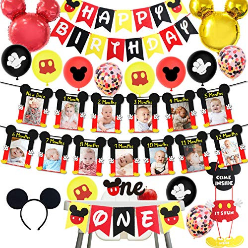 Mickey Themed 1st Birthday Decorations Boy Mickey NB to 12 Month Photo Banner One Cake Topper Highchair Banner Birthday Hats for Kids Mickey First Birthday Party Supplies