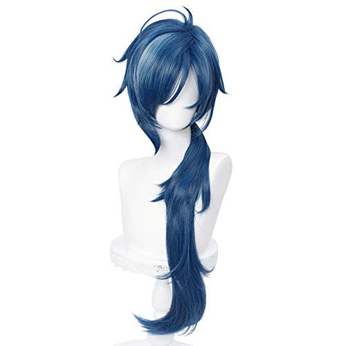 SL Blue Ponytail Wig for Kaeya Genshin Impact Game Role Fluffy Curly Anime Cosplay Hair Wigs with Pigtail Bangs Cap SL Blue Ponytail Wig for Kaeya Genshin Impact Game Role Fluffy Curly Anime Cosplay Hair Wigs with Pigtail Bangs Cap