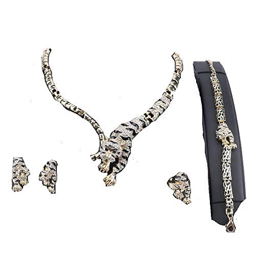 Cool Tiger Head Bracelet Earrings Necklace Ring Set 18k Gold Plated Crystal Chunky Curb Chain Costume African Jewelry Sets Cool Tiger Head Bracelet Earrings Necklace Ring Set 18k Gold Plated Crystal Chunky Curb Chain Costume African Jewelry Sets