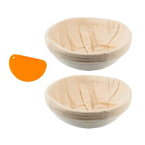 Set of 2 Round 9 inch  Dough Scraper Bread Banneton Proofing Basket SUGUS HOUSE  Brotform Bread Dough Rising Rattan Proofing Basket  and  Liner Cloth - Perfect For Artisan Bread Dough