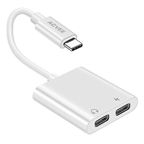 AGVEE S20 Dual USB-C Headphones  and  Charger Adapter 2-in-1 Duo Type-C Audio Earbuds  and  PD Charging Splitter USBC Earphone Jack Dongle for Samsung S20 Note 20 10 iPad Pro Pixel 2 3 4 XL White