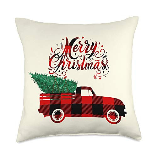 Christmas Pillow gifts Buffalo Plaid Christmas Trees and Truck Winter Holiday Throw Pillow 18x18 Multicolor