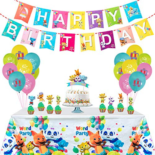 Haooryx 48Pcs Word Party Birthday Party Decorations Supplies- Happy Birthday Banner 12 Latex Balloons Word Party Cake Topper Cupcake Toppers Table cover for Baby Shower Theme Birthday Party Favor