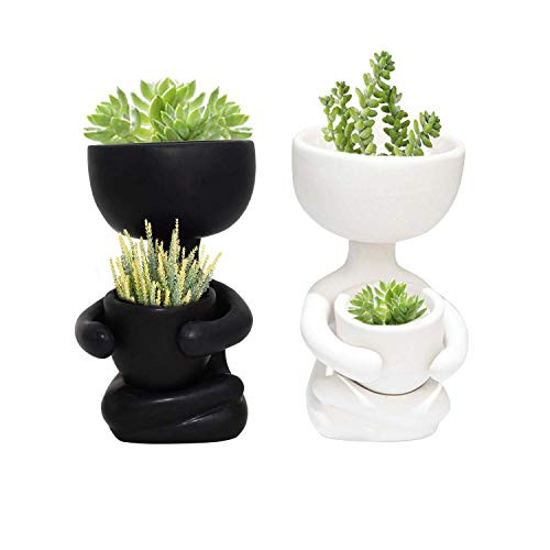 Ceramic Succulent Plant Pot Creative Human Shaped Small Cactus pots Flower Pots Mini Plant Planters for Desktop Usage Home DecorationWhite B and Black B