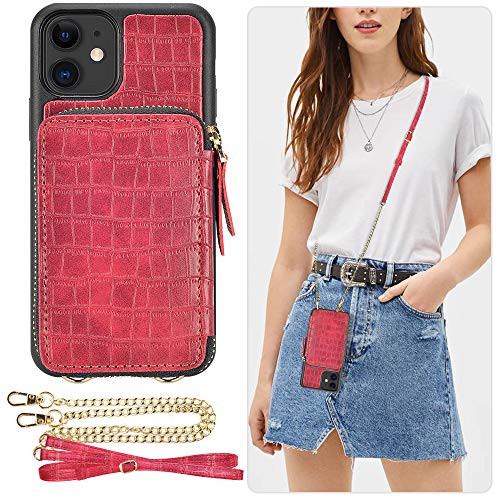 iPhone 11 Wallet Case ZVE iPhone 11 Case with Card Holder Slot Crossbody Chain Handbag Purse Wrist Strap Zipper Crocodile Skin Leather Case Protective Cover for Apple iPhone 11 6_1 inch - Dark Red