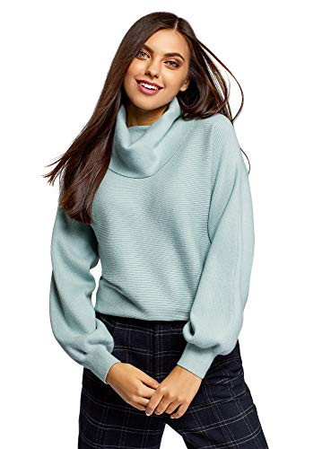 oodji Ultra Womens Cowl Collar Puffer Sleeve Pullover Turquoise US 6  EU 40  M