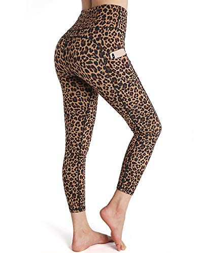 OUGES Womens High Waist Pockets Yoga Pants Running Workout Print Capris LeggingsCapris Brown LeopardXL