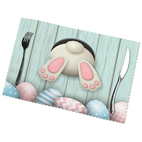 Funny Easter Bunny Cute Rabbit Eggs Placemats Set of 6 Heat-Resistant Washable Table Non-Slip Place Mat for Dining Table 12 X 18 Inches