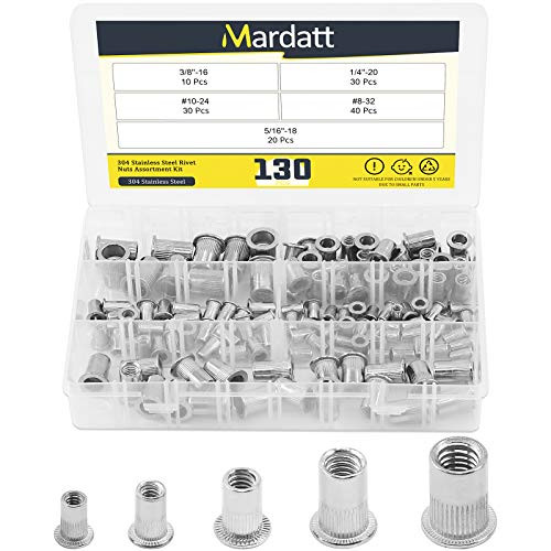Mardatt 130Pcs SAE 304 Stainless Steel Rivet Nuts Rivnut Assortment Kit Flat Head Threaded UNC Rivetnut Insert Nutsert Assort 8-3210-24 14-20 516-18 38-16