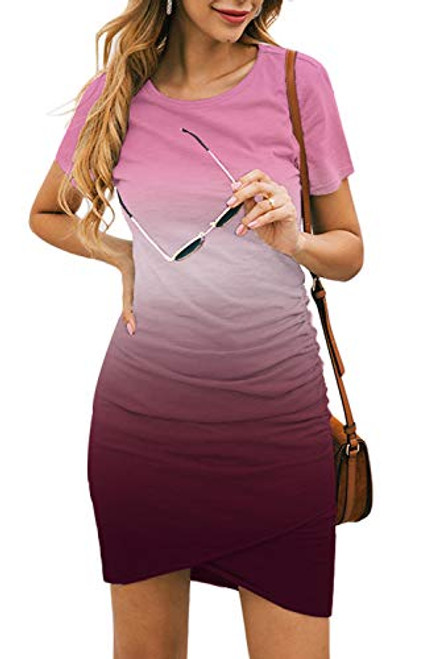 NSQTBA Womens Dresses Summer Short Sleeve Round Neck Casual Bodycon Ruched Mini Ombre Dress Pink S NSQTBA Womens Dresses Summer Short Sleeve Round Neck Casual Bodycon Ruched Mini Ombre Dress Pink S