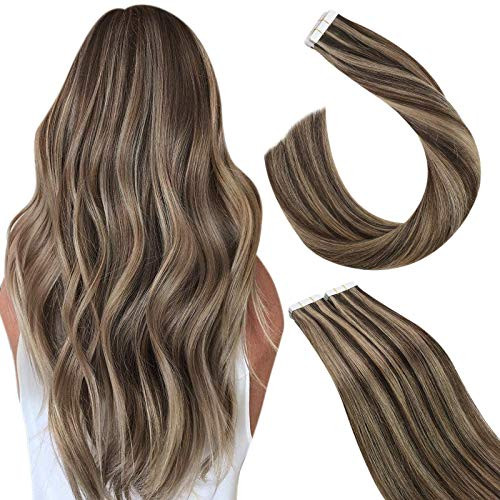 Ugeat Remy Hair Extensions Tape in Human Hair 12inch Tape in Extensions Real Human Hair 20pcs 30g Seamless Invisible Hair Extensions Tape in Human Hair 4 Brown with 16 Blonde Glue in Extensions