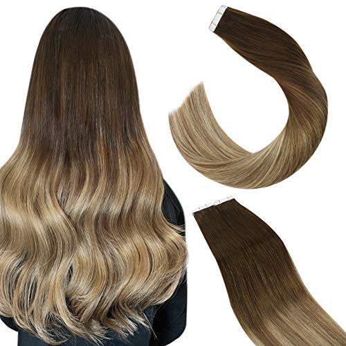 Ugeat Tape in Hair Extensions Human Hair 12inch Real Hair Extensions Tape in Balayage 30g 20pcs Human Hair Extensons Tape in Remy Hair 3 to 8 Brown with 22 Blonde Tape on Hair Extensions