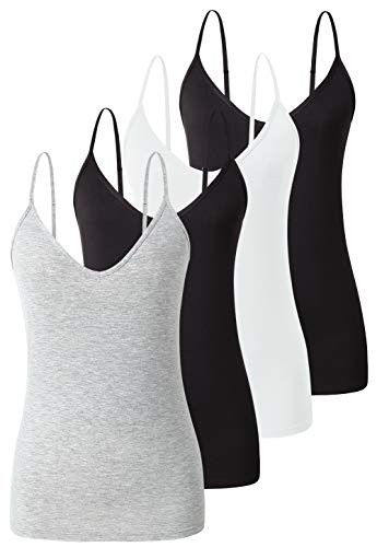 Xelky Womens V Neck Camisole Lightweight Tank Tops Adjustable Spaghetti Strap Undershirts Stretch Soft Tanks Basic Plain cami 4 Pack BlackWhiteBlackGray L