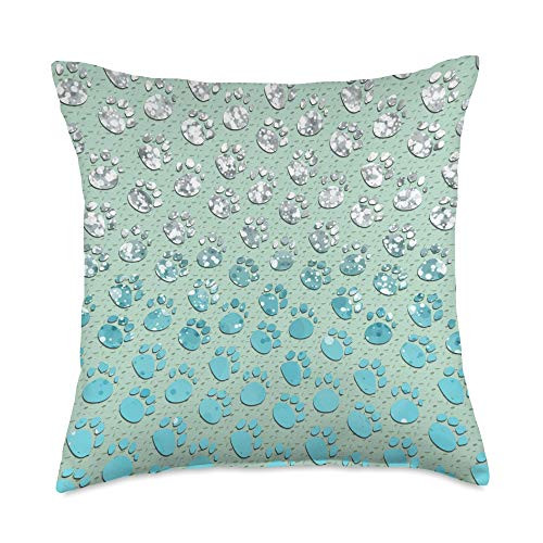 ASBGallery Silver Light Blue Dog paw print pattern on Green Mint Throw Pillow 18x18 Multicolor