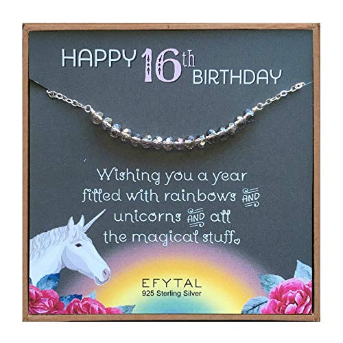 EFYTAL 16th Birthday Gifts for Girls 925 Sterling Silver Sweet 16 Necklace for 16 Year Old Girl Beaded Bar Jewelry Gift Idea for Daughter or Niece Unicorn Card