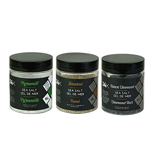24K Sea Salt Flakes Pack - 3 x 60g White Smoked and Black Sea Salt Flakes from Spain Unique Rich Flavour Beautiful Finishing Salts 24K Sea Salt Flakes Pack - 3 x 60g White Smoked and Black Sea Salt Flakes from Spain Unique Rich Flavour Beautiful Finishing Salts