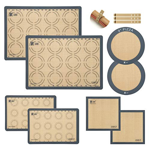 8-Piece Silicone Printing Baking Mat SetGUANCI 2Pcs Non Stick Half Rolling Macaron and 2Pcs Quarter Baking Mat and 2Pcs Square Baking Mat and 2Pcs 9round Pizza Baking Mat for Bake PansMacaroonPizzaCookie