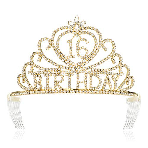 JEHEHUBO 16th Girls Birthday Crown Tiara Princess Girls 16th Birthday Queen Crowns Tiaras Gold Metal Rhinestone Crystal 16 Birthday Cosplay Costume Prom Tiara Crown Women 16th Birthday Queen Tiaras Crowns Gold
