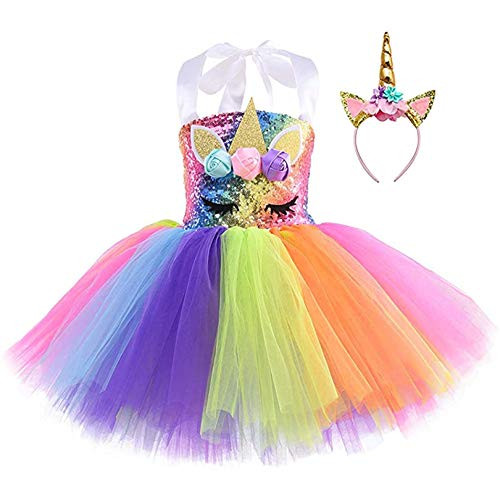 Unicorn Dress with Headband Unicorn Costume for Girls Unicorn Birthday Outfit 9-10 Years Rainbow