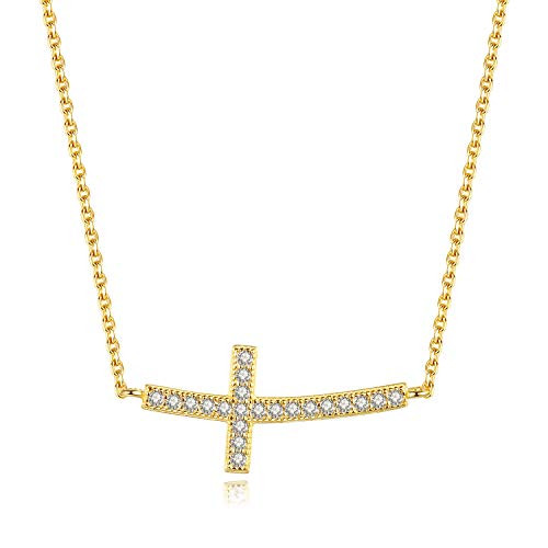 Spoil Cupid 14K Gold Plated Spoil Cupid 925 Sterling Silver Cubic Zirconia Small Curved Sideways Cross Necklace for Women 18 inch