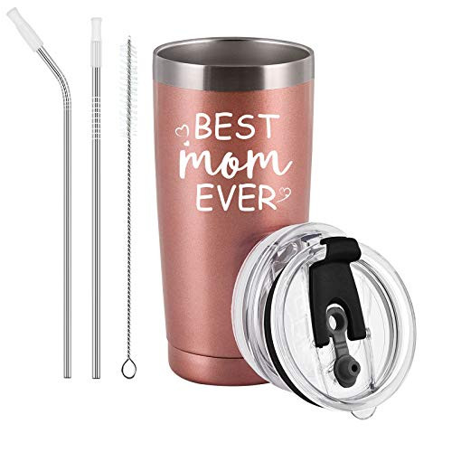 Gingprous Best Mom Ever Travel Tumbler with 2 Lids and Straws Christmas Mothers Day Birthday Gifts for Mom Mommy Mother Stainless Steel Insulated Mom Travel Tumbler for Women20 Oz Rose Gold