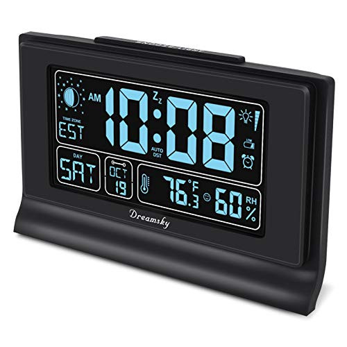 DreamSky Auto Set Alarm Clock with USB Charging Ports 6 Large Display with Indoor Temperature  and  Humidity DateDay  and  Moon Phase Brightness Dimmer Auto DST Backup Battery