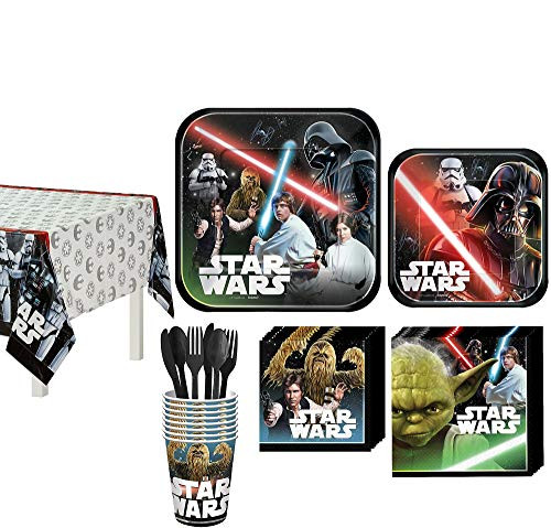 Party City Star Wars Birthday Party Supplies Tableware Kit for 8 Guests Includes Plates Napkins Utensils Table Cover