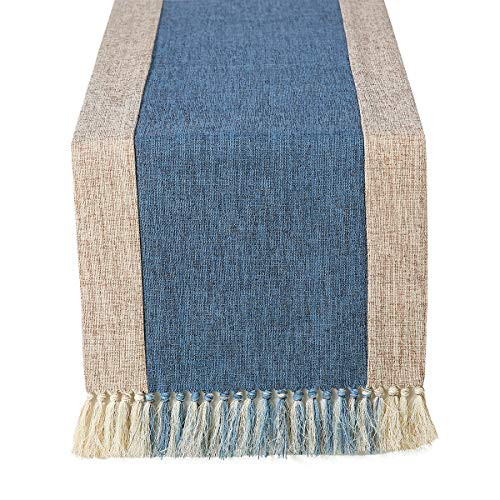 Chassic 15 x 90 inch Rustic Burlap Woven Boho Table Runners Linen with Handmade Fringe Village Farmhouse Dining Room Dresser Decor - Blue