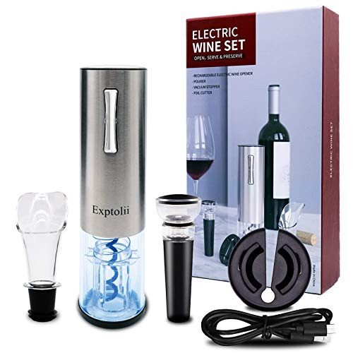 Exptolii Electric Wine Opener Rechargeable Automatic Bottle Corkscrew Set with Foil Cutter Wine Aerator Pourer Vacuum Stopper USB Charging Cable