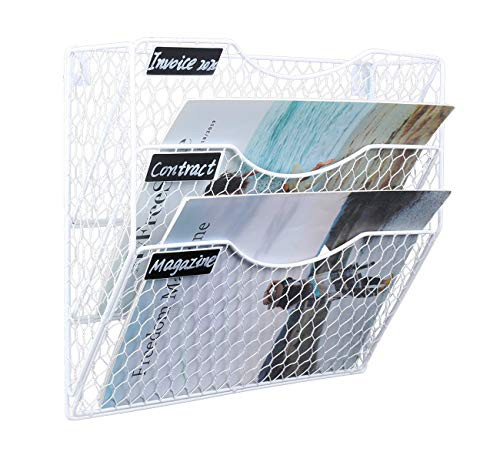 PAG Wall File Holder Hanging Mail Organizer Metal Chicken Wire Document Rack 3-Tier White