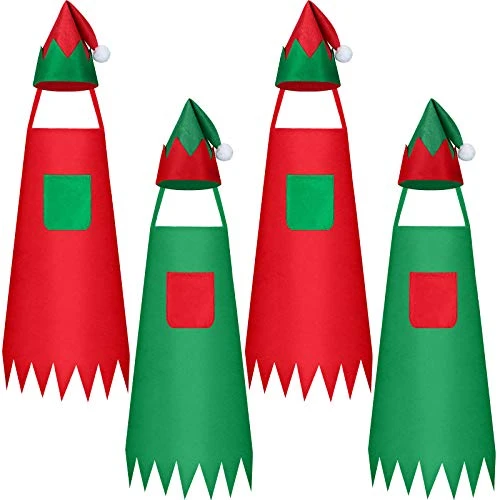 8 Pieces Christmas Elf Apron and Hat Set Including 4 Pieces Christmas Elf Fabric Apron and 4 Pieces Elf Hat Santa Claus Apron Christmas Santa Hat for Xmas Party Costume Supplies Kitchen Painting