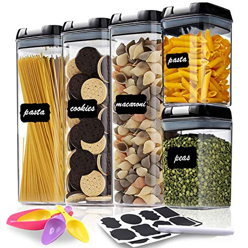 Airtight Food Storage Containers 5 Pieces Plastic Cereal Containers with Lock Lids BPA Free Kitchen Pantry Organization Containers Great for Flour Cereal  and  Sugar - Include Labels and Marker  and  Spoon
