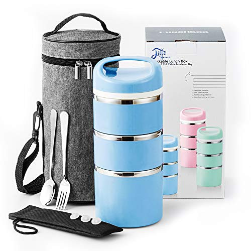 Lille Home Stackable Stainless Steel Thermal Compartment LunchSnack Box 3-Tier Insulated BentoFood Container with Upgraded Lunch Bag Portable Cutlery Set and 3 Extra Silicone Seals 43 OZ Blue