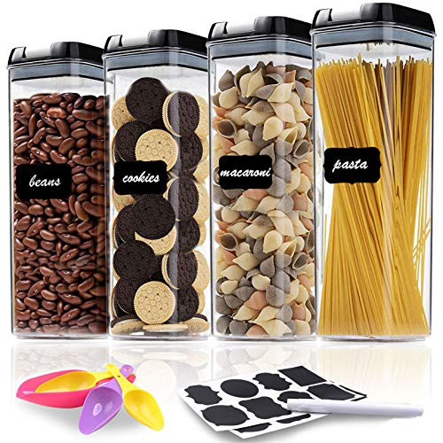 Airtight Food Storage Container Set - 4 PC Set - Labels Marker  and  Spoon - Kitchen  and  Pantry Organization Containers Great for Flour Cereal - BPA-Free - Clear Plastic Canisters with Improved Lids