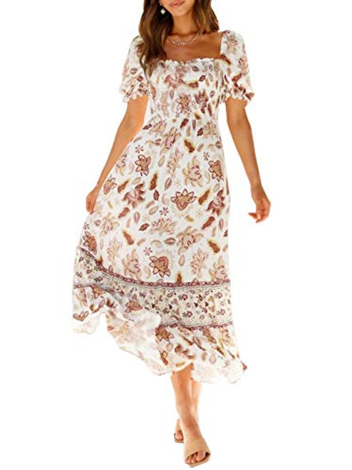 ZESICA Womens Boho Floral Print Square Neck Ruffle Swing Beach Long Maxi Dress Ivory