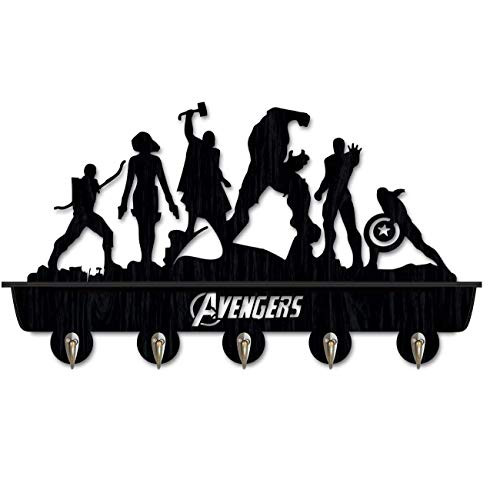 Avengers Superheroes Black Wooden Entryway Wall Shelf Hanging Shelf 16 in L Wall-Mounted Coat Hook Rack with 5 Dual Metal Hooks for Hallway Bathroom Living Room Bedroom