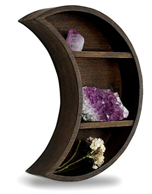 Crescent Moon Shelf - Rustic Brown Crystal Holder - Essential Oil Display - Wooden Moon Phase Wall Hanging Floating Shelves for Oils Crystals - Gothic Witchy Hippie Spiritual - Boho Nursery Room Decor