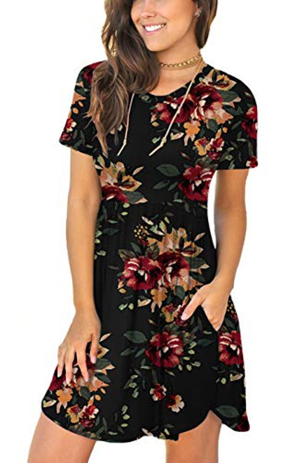 LONGYUAN Womens Short Sleeve Casual T Shirt Dresses Swing Sundress with Pockets Floral Brown Black X-Large